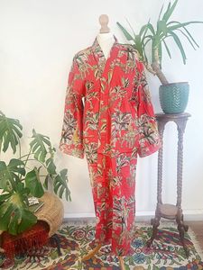 Pur coton indien Blockprint Robe d'été Royal rouge léopard Jungle girafe Design confortable maternité Kimono Robe longueur au sol - Product Image 3