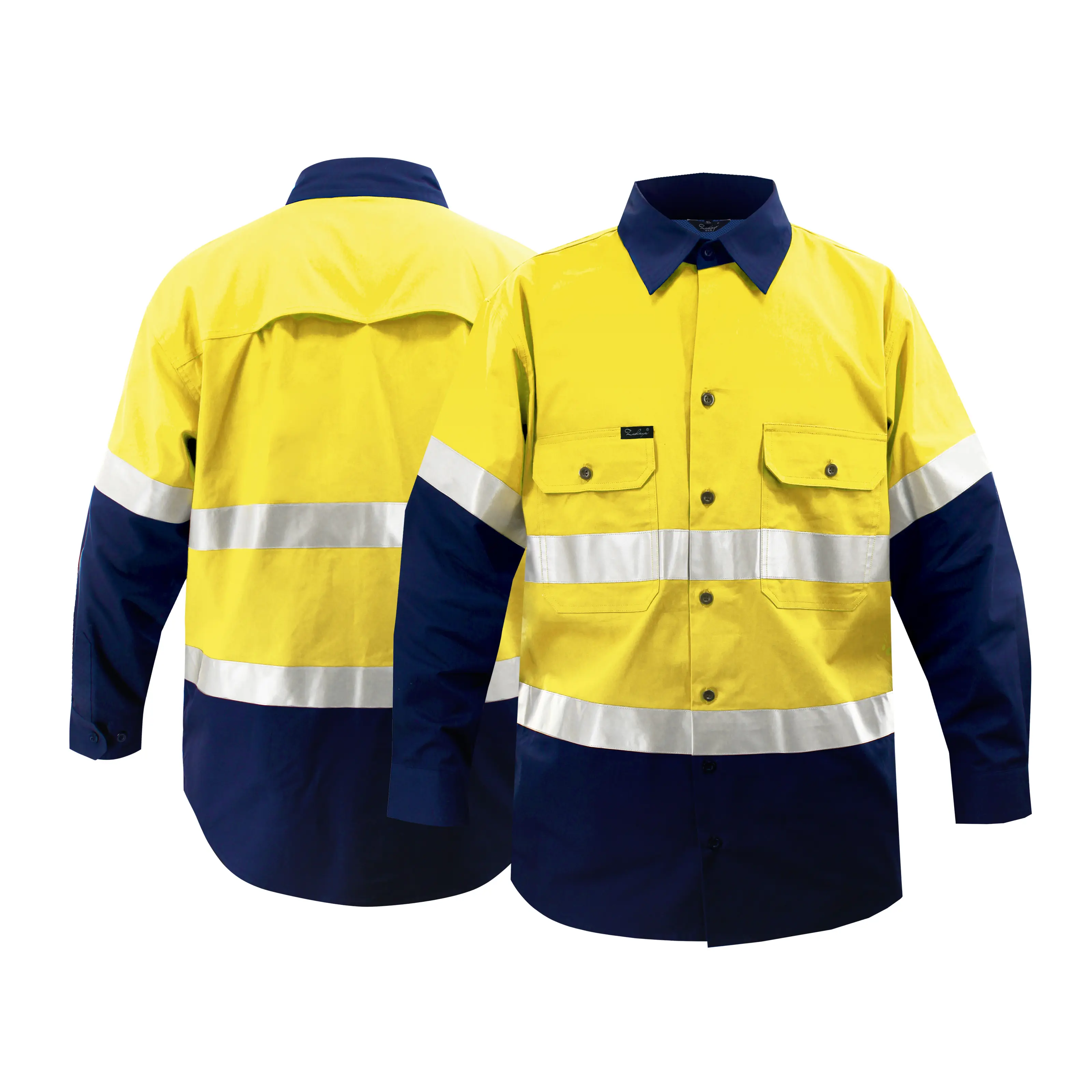 ผ้าฝ้าย 100% สูงสะท้อนแสงเสื้อผ้าความปลอดภัย Hi Vis Workwear การทําเหมืองแร่ช่างก่อสร้างสีเหลืองแขนยาวผู้ชายเสื้อทํางาน