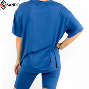 ชุดออกกำลังกายขาสั้นผ้าฝ้ายออร์แกนิค2ชิ้นเสื้อคอกลมแขนสั้นและกางเกงขาสั้นผ้าฝ้ายออร์แกนิกออกแบบโลโก้ได้ตามต้องการสำหรับฤดูร้อน - Product Image 4