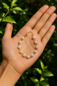 Brass Wire Wrapped Shell Pearl Bracelet | Gold Tone Handcrafted Pearl Chain Bracelet - Product Image 1