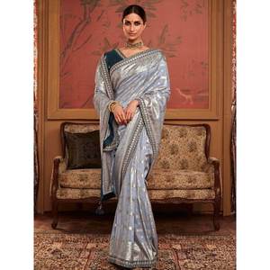 ผ้าไหมซารีสีเทาหรูหราทอแบบซารีพร้อมเสื้อคลุมสำหรับงานเทศกาลและการแสดง - Product Image 4