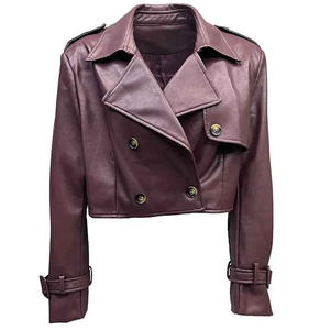 2025 nueva chaqueta de cuero de piel de oveja Vintage auténtica de manga larga con cuello vuelto para mujer con botón chaqueta recortada de cuero PREMIUM - Product Image 1