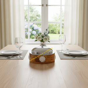 Casserole en bois avec accents floraux, couvercle en dôme argenté, intérieur en acier inoxydable, isolée, antiadhésive, chauffe-plats pour table de qualité supérieure - Product Image 6