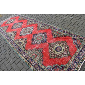 4.6x12.8 ft Vintage Rug, <b>Red</b> Check Turkish Rug <b>Wool</b> - Product Image 4