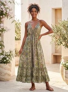 Talla Única Y2K Estilo Boho Natural, Vestido Maxi de Seda Tejida India con Estampado Geométrico, Cuello en V, Sin Mangas, Casual, Antiarrugas, Estilo Coreano para Verano - Product Image 2