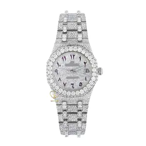 阿拉伯表盘优质仿古冰镇VVS透明硅石镶嵌钻石手表奢华不锈钢男士手表