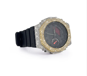Montre ronde jaune avec lunette sertie de diamants en moissanite, boîtier en acier inoxydable, résistance à l'eau 10 bars, bracelet en acier inoxydable - Product Image 2