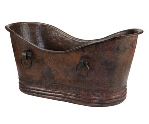 Rustic Hammered Copper Double Slipper <b>Bathtub</b> with Rings Freestanding Antique Copper Soaking Tub with Pedestal Base - Product Image 1