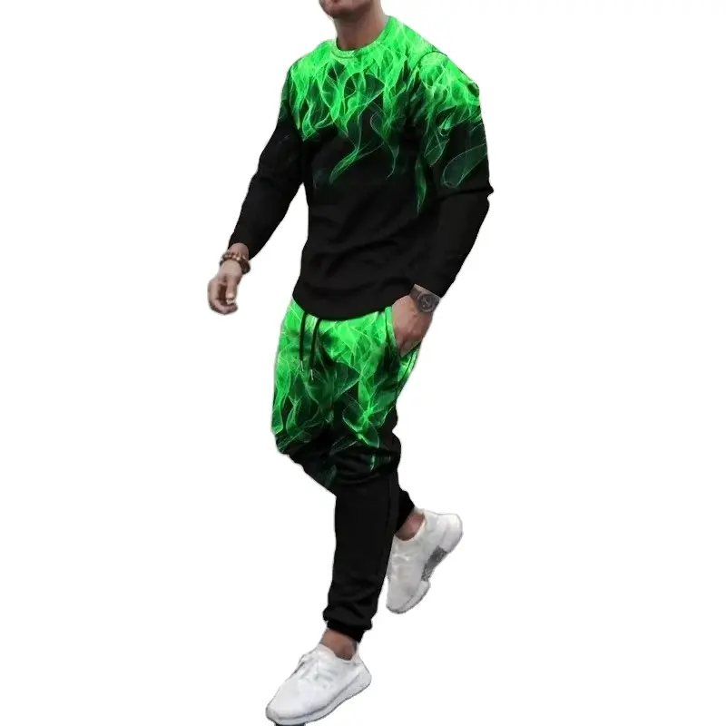 Treino Chama Impressão T-Shirt + Calças dos homens Set Casual Primavera Outono Outfit Jogging Suit Outdoor Streetwear Vestuário Diário