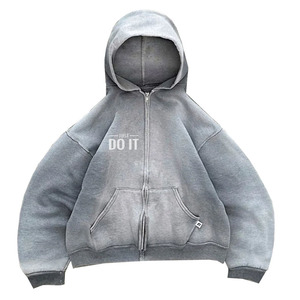 Zipper Up Acid Wash Hoodies For Men's Oversize Outwear Stylish Sweatshirts And Hoodies With <b>Screen</b> Printed Logo Design - Product Image 2