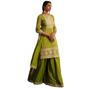 Ensemble palazzo imprimé Bandhani en organza vert Vente en gros de vêtements ethniques pour femmes Fournisseur d'usine OEM Tenue de festival personnalisée Tenue de mode - Product Image 4