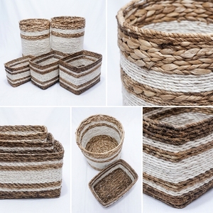 Natural Banana Bark Recycled <b>Plastic</b> <b>Basket</b> Set White Stripe Cylinder Rectangular Pot Bin Planter Pure Art Setup Room Decor Art - Product Image 3