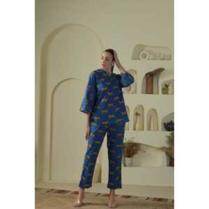 Conjunto de Camisones Románticos Azul Eléctrico con Estampado de Leopardo, Cintura Elástica, Transpirables, 100% Algodón, Tallas XS-XXL, Invierno, ODM - Product Image 2