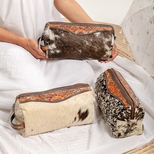 LW Western Handcrafted Hair On Hair Tooled Fur Leather Jewelry Pouch Cow Skin Hair Makeup Minimal Bag Bridesmaid Perfect Gift - Product Image 2