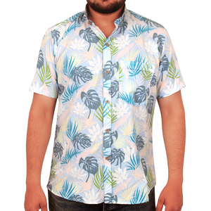 Camisa de playa de patrón sólido recién llegada para hombre con cuello alto, tela transpirable de poliéster/algodón, diseño de logotipo personalizado - Product Image 1