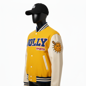 Veste universitaire pour femmes Tissu mélangé de laine de haute qualité Manches en cuir PU Panneaux contrastés jaunes Logo personnalisé Vestes universitaires pour femmes - Product Image 4