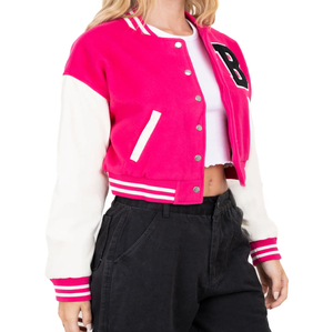 Chaqueta universitaria de estilo Letterman de tela de lana de primera calidad para mujer, Chaqueta larga y fina con cuello levantado a prueba de viento, precio al por mayor - Product Image 2