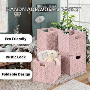 Pink Woven <b>Storage</b> <b>Baskets</b> <b>Rectangle</b> Stackable With Handle For Children's Toy <b>Storage</b> Cute Design Plant Fiber Material - Product Image 2