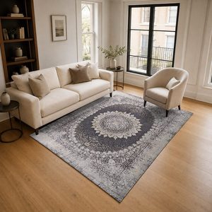 Alfombra de Chenilla Lavable a Máquina, Antideslizante, con Estampado Digital Oriental Tradicional en Gris Carbón, Modelo LXDP-0921 de RUGS DEPOT, Venta al Por Mayor - Product Image 2