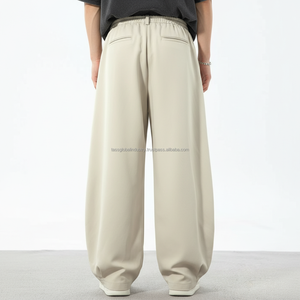 High Quality Customizable Men's Canvas Wide Leg <b>Trousers</b> Streetwear Loose Fit Lightweight <b>Elastic</b> Waist Pleated Casual Summer - Product Image 2