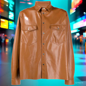 Chemise en cuir décontractée hommes Street Style à manches longues Letterman chemises en cuir hommes bouton couvert à manches longues chemise en cuir marron - Product Image 4