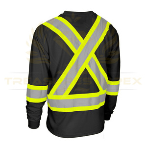 เสื้อที่มองเห็นได้สูงโลโก้ที่กําหนดเองสะท้อนแสงความปลอดภัย Hi Vis ผ้าไม้ไผ่ลูกเรือคอยาวแขนยาวความปลอดภัย Tee พร้อมกระเป๋าหน้าอก - Product Image 4