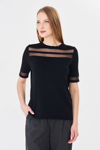 Blusa de manga corta con cuello redondo y patchwork de malla para mujer - Product Image 3