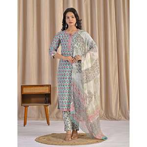 Ensemble Kurta et pantalon en coton imprimé à la main vert, style décontracté printanier - Product Image 3