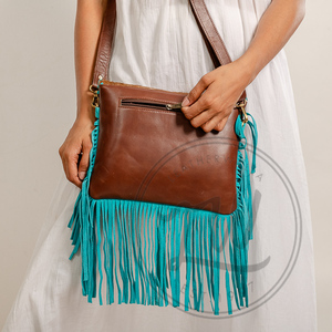 Sac à main en cuir de vachette véritable à poignée unique avec franges sculptées Sac à bandoulière bohème portable Chaînes Décoration Hiver - Product Image 3