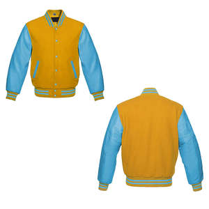 Veste de baseball, bomber, style universitaire, jaune, en laine et manches en cuir véritable bleu ciel - Product Image 4