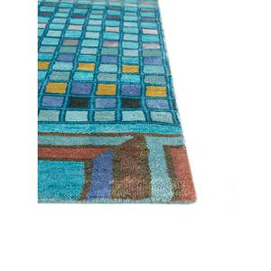 Tapis rectangulaire en laine et soie de bambou noué à la main Manchaha Blue, style puzzle patchwork, pour salon, modèle Les-1940 - Product Image 4