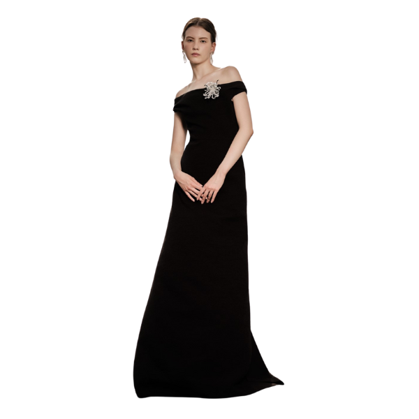 Elegant Style Women's Flared Maxi Dress - Off-the-Shoulder Sand Jacquard,  Perfect for Spring and Summer Events
