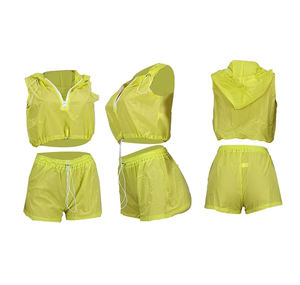 ชุดกางเกงขาสั้นกันลมโพลีเอสเตอร์100% สำหรับผู้หญิงชุดซิปขึ้นสองชิ้นแบบมีฮู้ดกันน้ำระบายอากาศได้ - Product Image 3