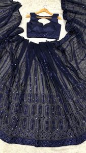 Sari en Georgette de Soie Élégant, Longueur Ras du Sol, Bleu Radiant, Broderie Raffinée de Fil à Paillettes pour un Style de Fête Lumineux et Gracieux - Product Image 3