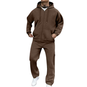 Ensemble survêtement en molleton pour homme, sweat à capuche et jogging marron uni, deux pièces, logo personnalisé, OEM, streetwear, décontracté, vêtements de sport, style en gros - Product Image 1