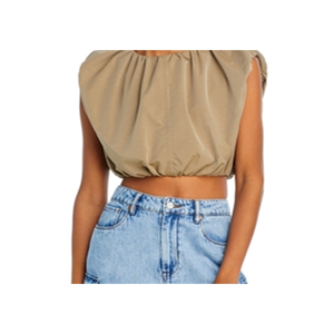 Grey Lab Basic Cropped <b>Balloon</b> Sleeveless Top Bow Collar Khaki Woven Fabric Breathable Stretchy <b>Custom</b> Logo 3D Ruched for Daily - Product Image 2