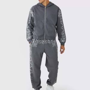 Streetwear personnalisé survêtement surdimensionné soleil délavé rayé sweat à capuche zippé et pantalon de survêtement ensemble délavé à l'acide survêtement à capuche pour hommes - Product Image 1