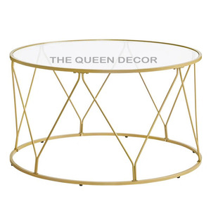 Mesa de centro de metal de hierro de estilo clásico más vendida con tapa de cristal de forma ovalada con acabado dorado único Interior decorativo para el hogar - Product Image 6