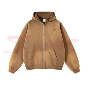 Sweat à capuche zippé en molleton épais délavé à l'acide pour homme, 100 % coton, haute qualité, imperméable, hiver, logo personnalisable - Product Image 3