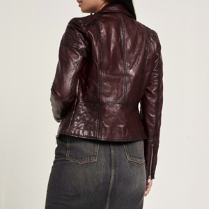 Chaqueta de cuero para mujer de Color sólido personalizada con cuello vuelto, chaqueta grande de cuero genuino, chaqueta para mujer para venta en línea con OEM - Product Image 2