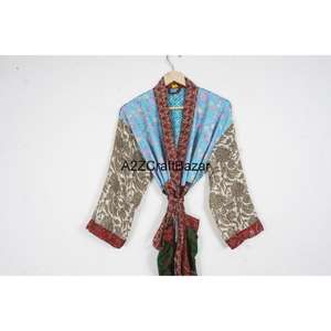 Robe d'été bohème en patchwork, 100% soie, respirante, douce, faite à la main, manches trois quarts, col en V, fermeture à cordon - Product Image 2