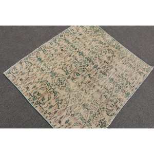 Tapis turc vintage de grande surface, 3.8x3,1 pieds, classique, beige, vert, laine, latex, abstrait, rectangulaire, design de couloir - Product Image 4