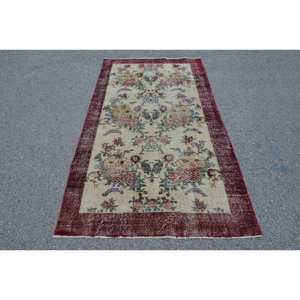 Vintage Turkish Rug Beige <b>Red</b> <b>Wool</b> with Classic Rectangle Patchwork Pattern Large Area 3.6 X 6.9ft Backed Latex for Hallway Use - Product Image 1