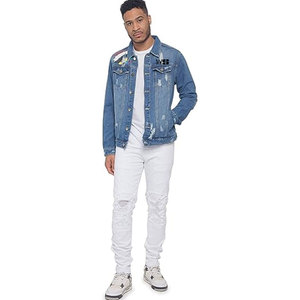 Veste en jean bleue avec col et écusson de style unique pour homme, veste en jean pilote, vêtements d'extérieur décontractés, vêtements de rue, vestes en denim de nouveau style - Product Image 5
