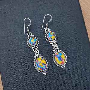 Boucles d'oreilles pendantes en mosaïque de jaspe multi-pierres, plaquées argent 925, faites à la main, bijoux bohèmes, boucles d'oreilles en pierres précieuses, cadeau - Product Image 5
