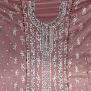 "Elégant costume étoile georgette non cousu avec pierres Zarkan, travail de séquence, Dupatta lourd et intérieur et bas français" - Product Image 1