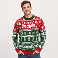 Pull en tricot pour homme FNJIA, motif jacquard de Noël, rouge et vert, col rond, manches longues, motif flocon de neige, vêtements en gros OEM