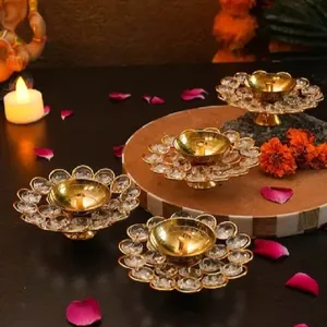 Antique Metal Crystal Akhand Diya Oil Lamp for Puja Room Mandir, Tea Light Holder Decor