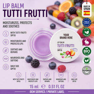 Bálsamo Labial Tutti Frutti de Marca Privada con SPF10 15ml OEM |   Cuidado Labial Hidratante con Manteca de Karité y Vitamina E |   España UE - Product Image 1