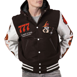 Veste universitaire unisexe en laine avec manches en cuir, fermeture éclair sur le devant, patchwork, style bomber de baseball, doublure matelassée, pour équipe - Product Image 3